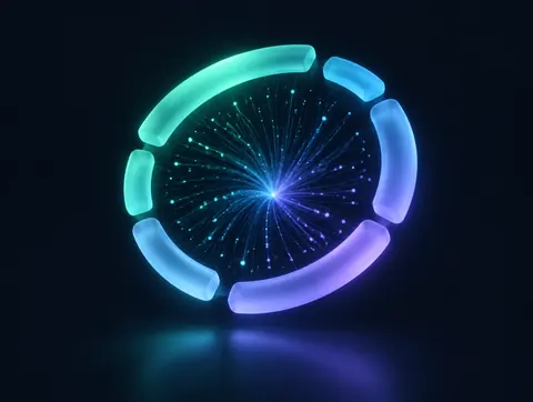 Illustration of data converging at one point inside a seven-part ring