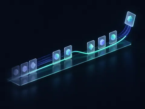 Illustration of cards lined up along a rising line, showing a live managed portfolio